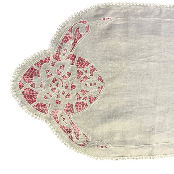 Vintage Linen Table Runner Cream Pink Cutwork Embroidered Floral Lace 45” Used - Picture 6 of 16